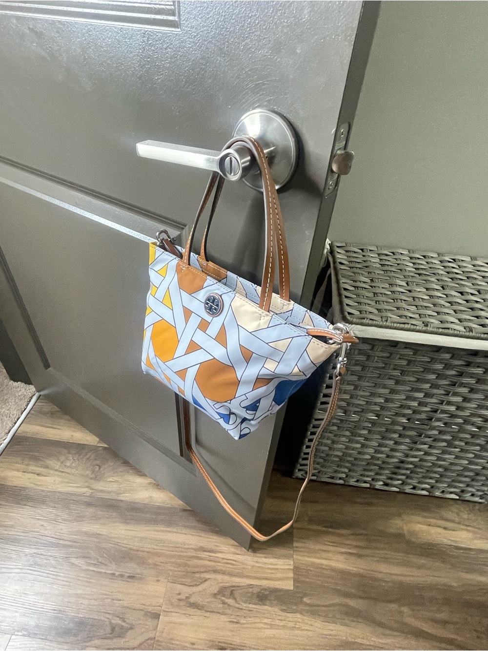 Tory Burch White, Blue and Orange Printed Crossbody Mini Tote with Tan Trim